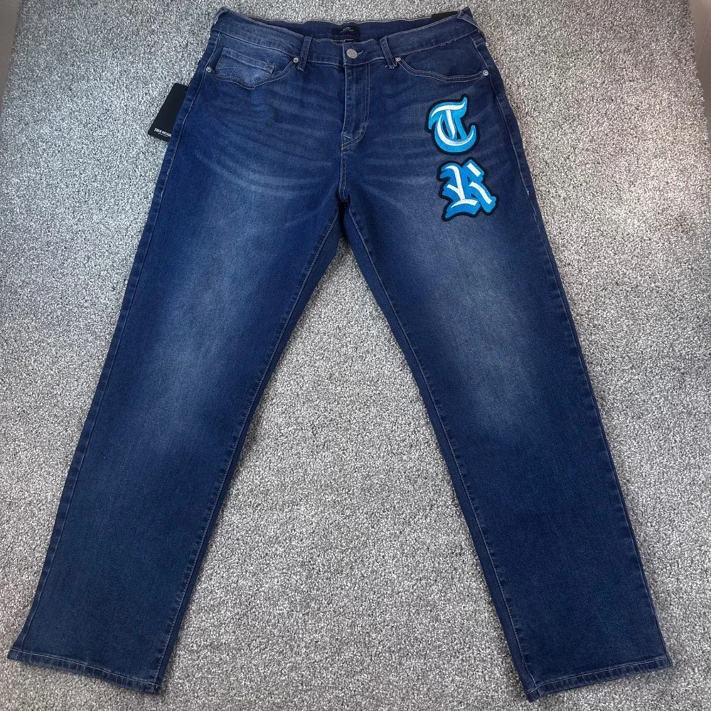 True Religion Bobby Applique Jeans Men 34 Relaxed Baggy Medium Blaze NEW $84